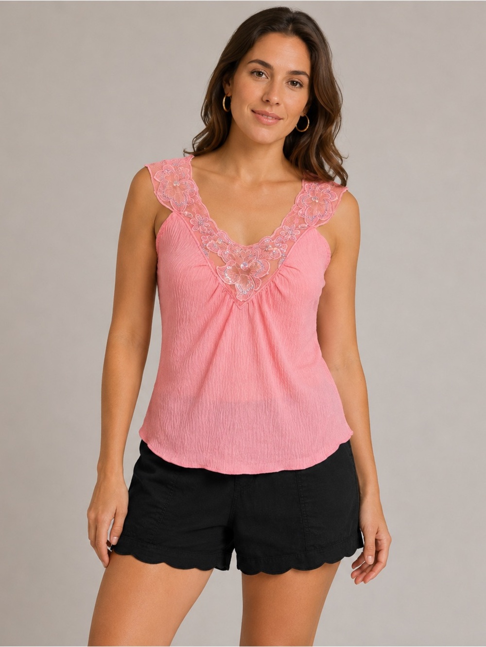 Y2K Uno Core Pink Boho Embroidered Sequin Sleeveless Blouse Crinkle Top Medium
